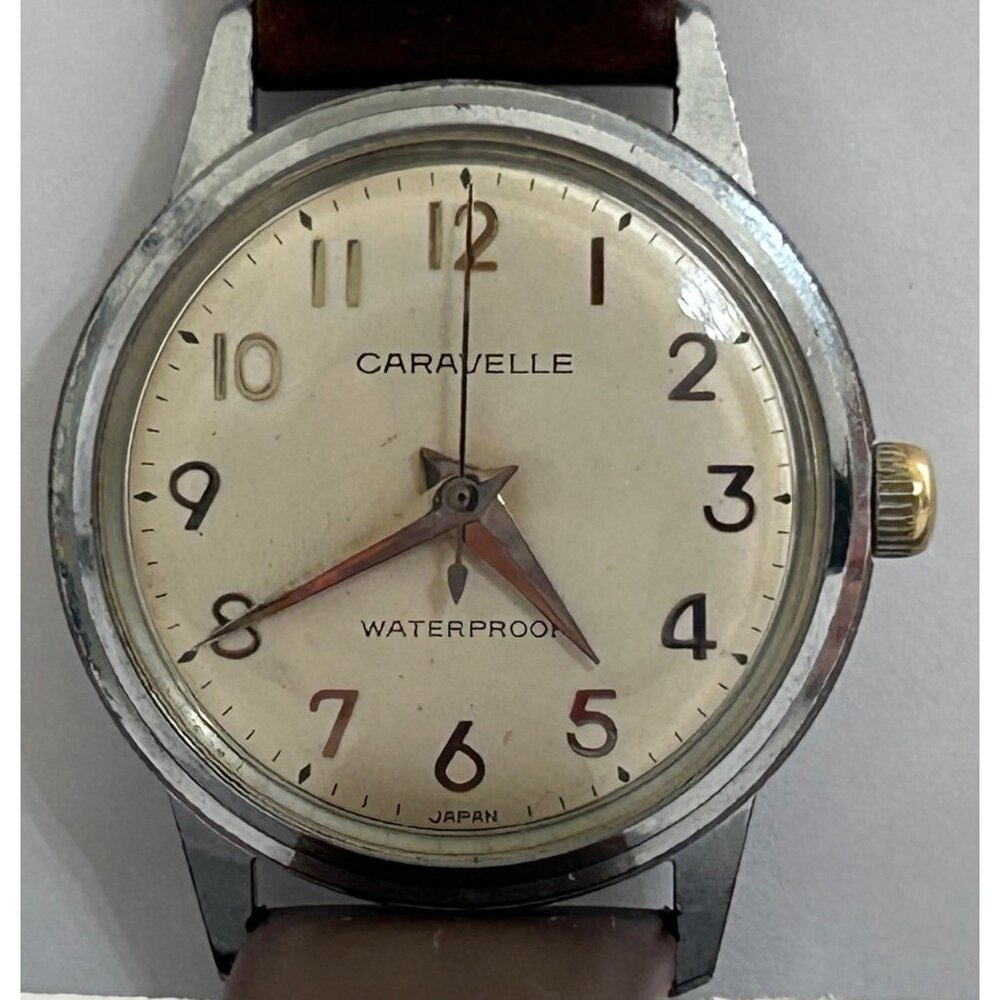 Vintage Caravelle Men's Manual Wind Watch Genuine Leather Band Waterproof Japan